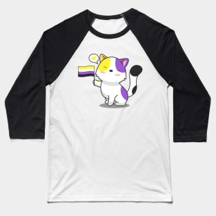 Cute Cat Holding Non-binary Pride Flag Baseball T-Shirt